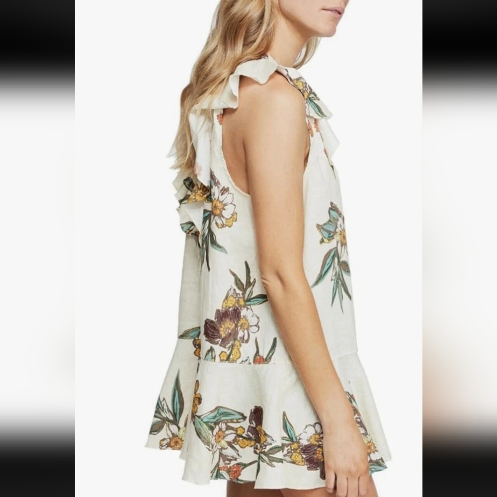 Free People Cream Linen Sleeveless Floral Mini Dress Tunic Top Ruffle Hem L
